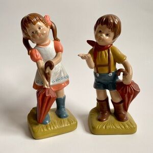 Vintage Set Hand Painted Ceramic Figurines Boy & Girl with Umbrellas